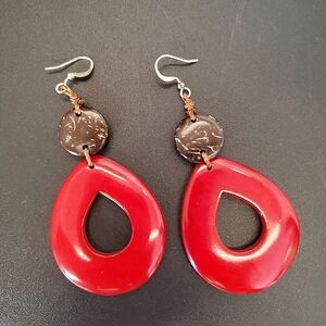 Tagua Nut large drop earrings red brown Fair Trade New